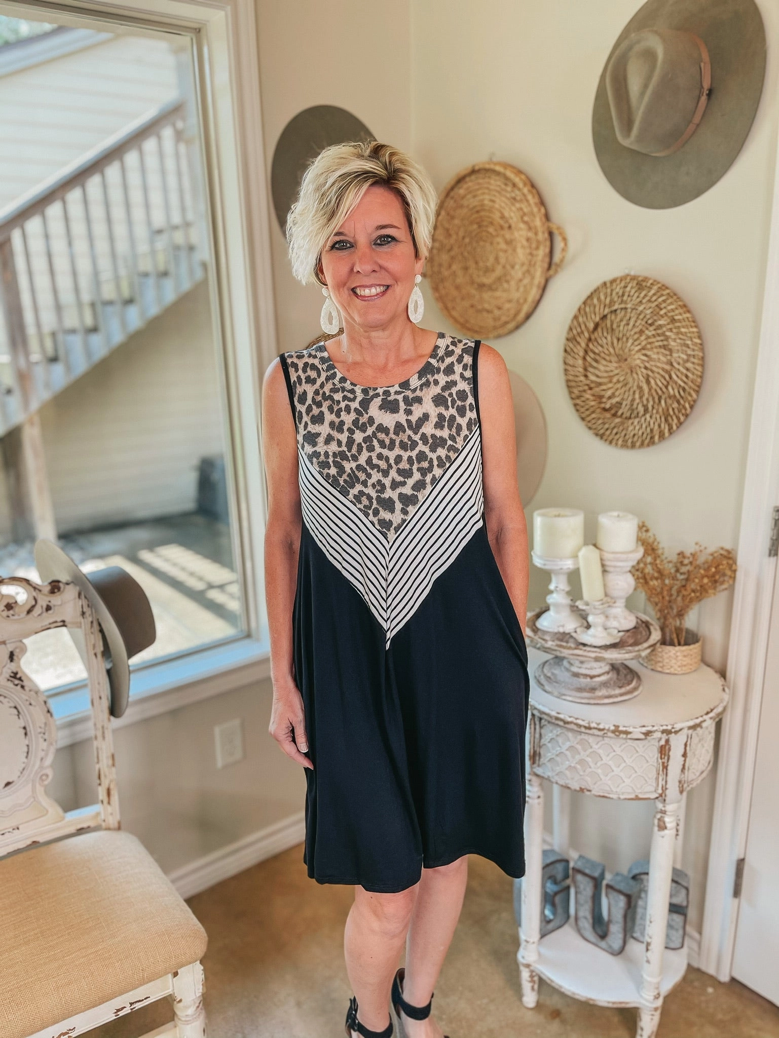 Last Chance Size Small | Pretty in Prints Leopard and Striped Tank Top Dress in Black Effortless Style