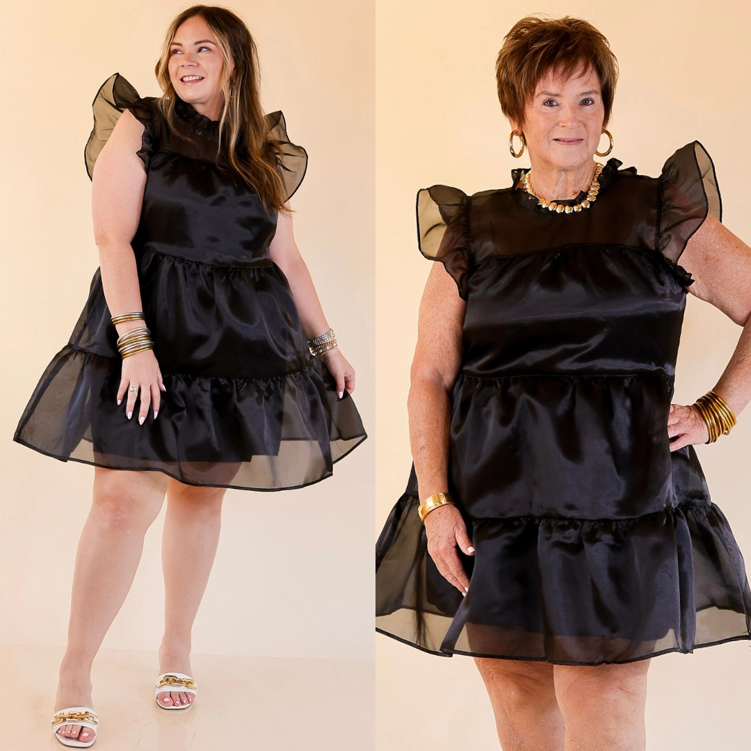 Slit-Hem Mud Pie | Jane High Neck Sheer Tulle Ruffle Tiered Dress in Black