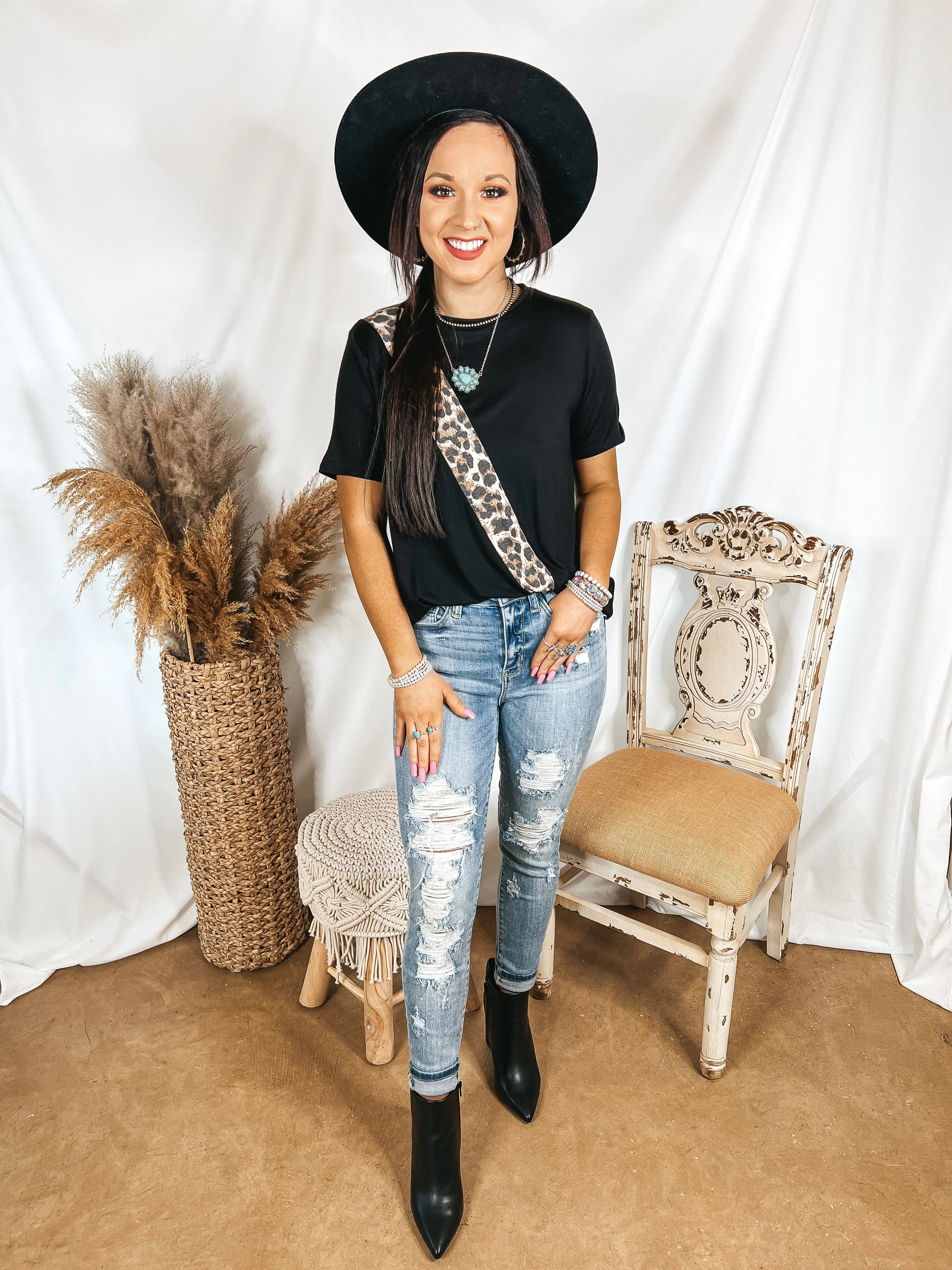 Odor Resistant Technology Gym Wear At It Again Leopard Print Diagonal Stripe Top in Black