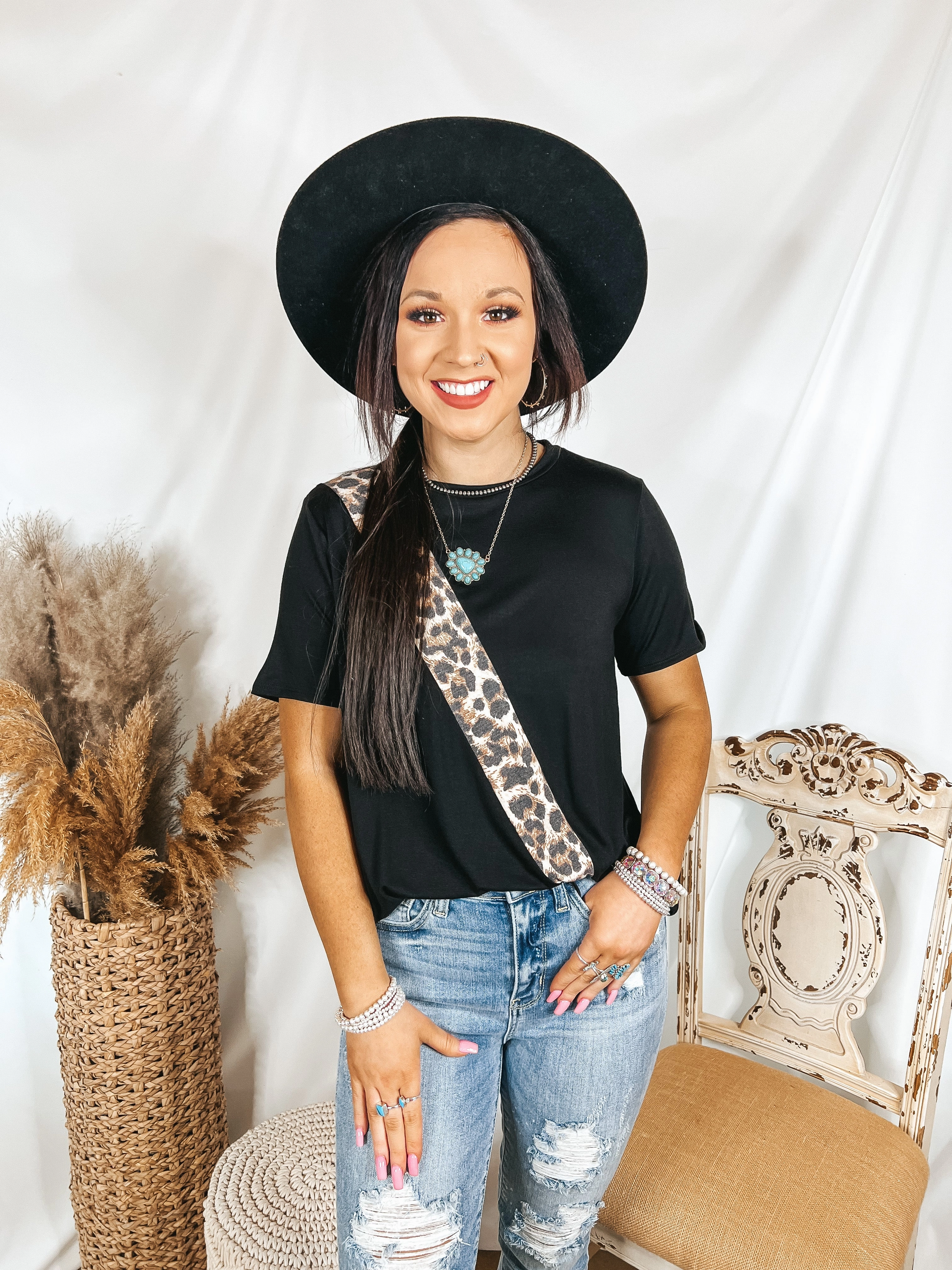 At It Again Leopard Print Diagonal Stripe Top in Black Temperature Control Technology Double Stitched Seams