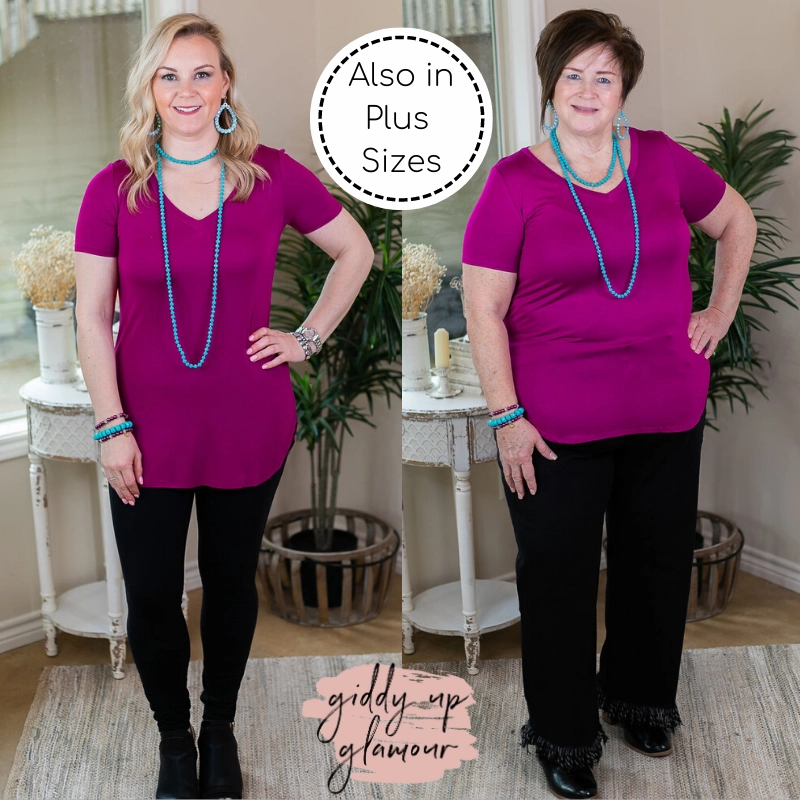 Active Look Simply The Best V Neck Short Sleeve Tee Shirt in Magenta Pink