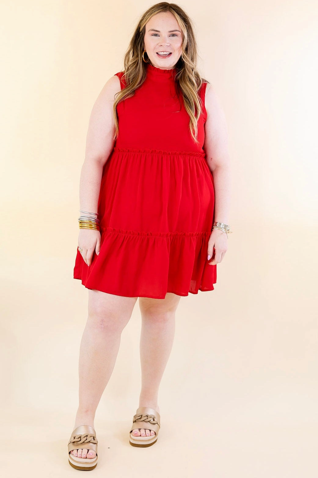 Asymmetrical hem Family Vibe Attempt To Charm High Ruffle Neck Tank Tunic Dress in Red