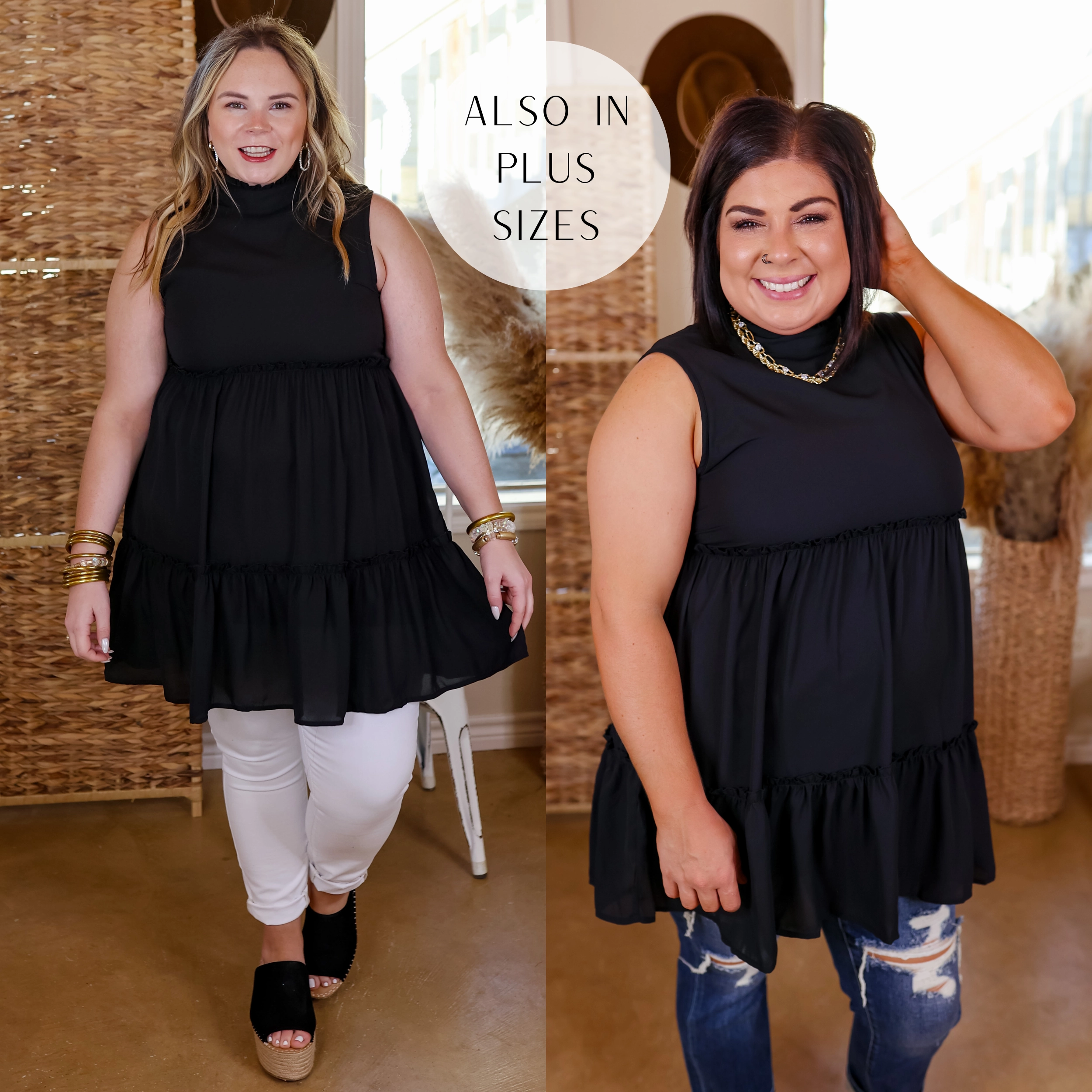 Attempt To Charm High Ruffle Neck Tank Tunic Top in Black Fashionable Look AntiFadeTechnology