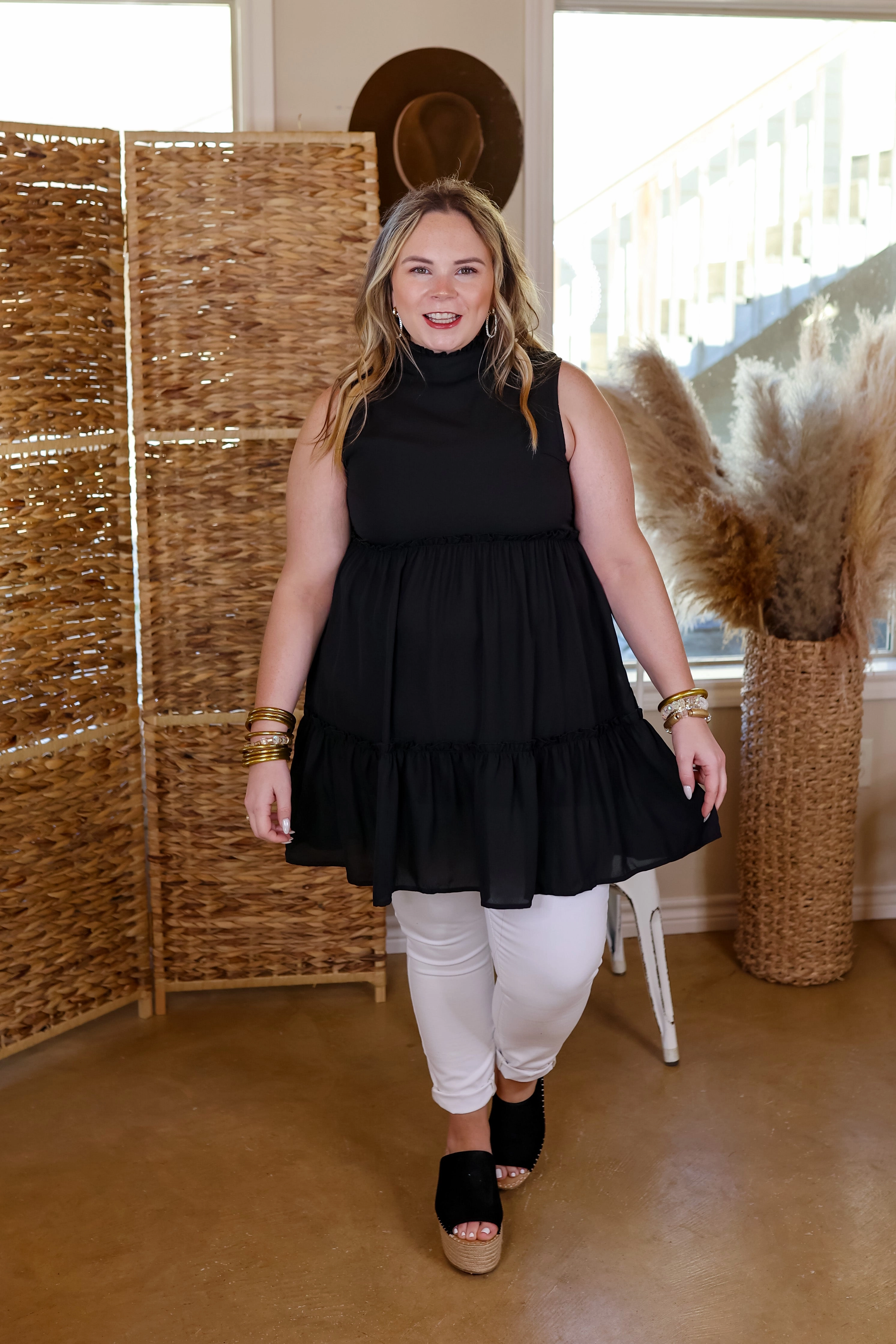 Attempt To Charm High Ruffle Neck Tank Tunic Top in Black Clear Glow