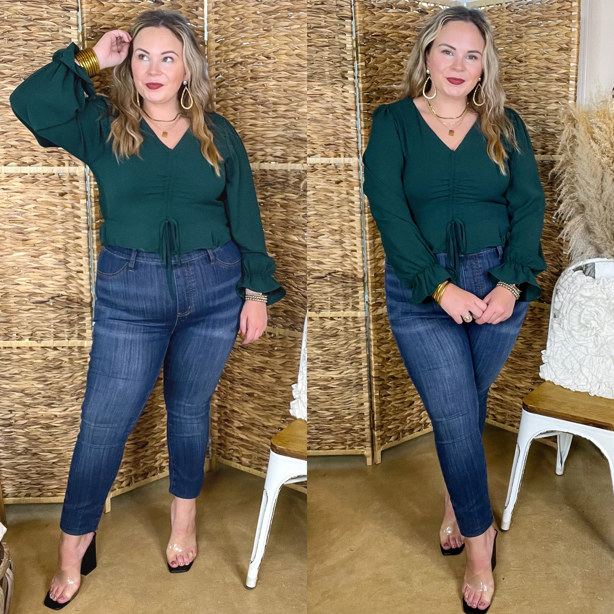 Glass Fit Authentic Aura Ruched Front Peplum Crop Top with Long Sleeves in Forest Green