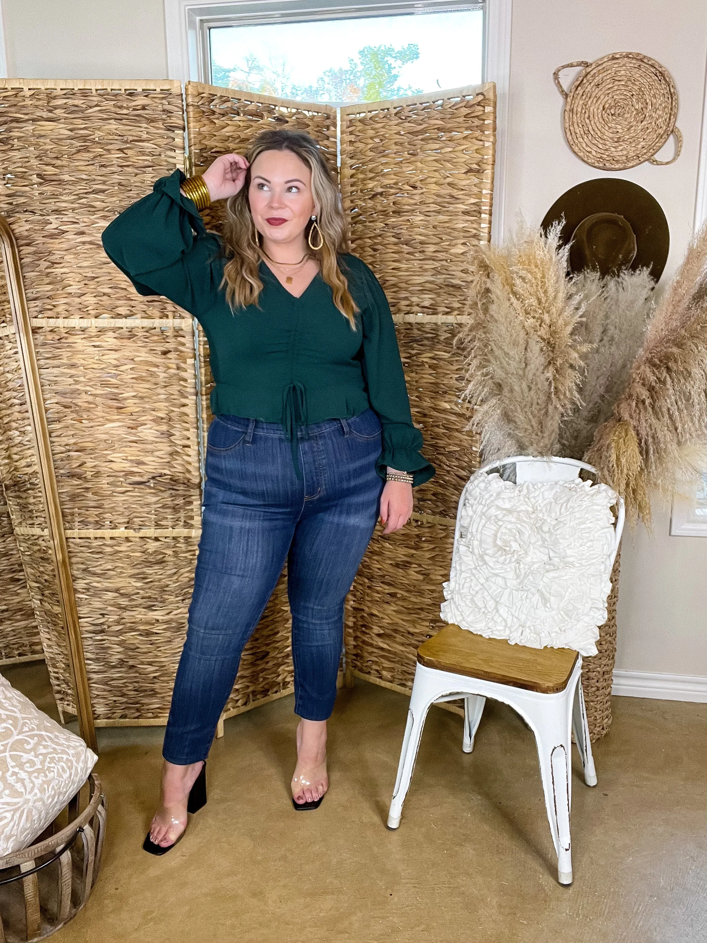 Moisture Control Lining Relaxed Crew Neck Opening Authentic Aura Ruched Front Peplum Crop Top with Long Sleeves in Forest Green