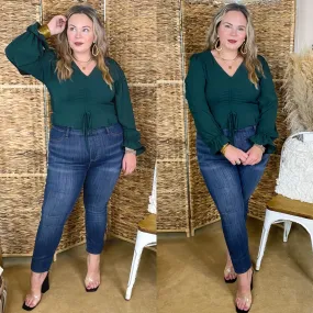 Authentic Aura Ruched Front Peplum Crop Top with Long Sleeves in Forest Green ZeroWasteProduction