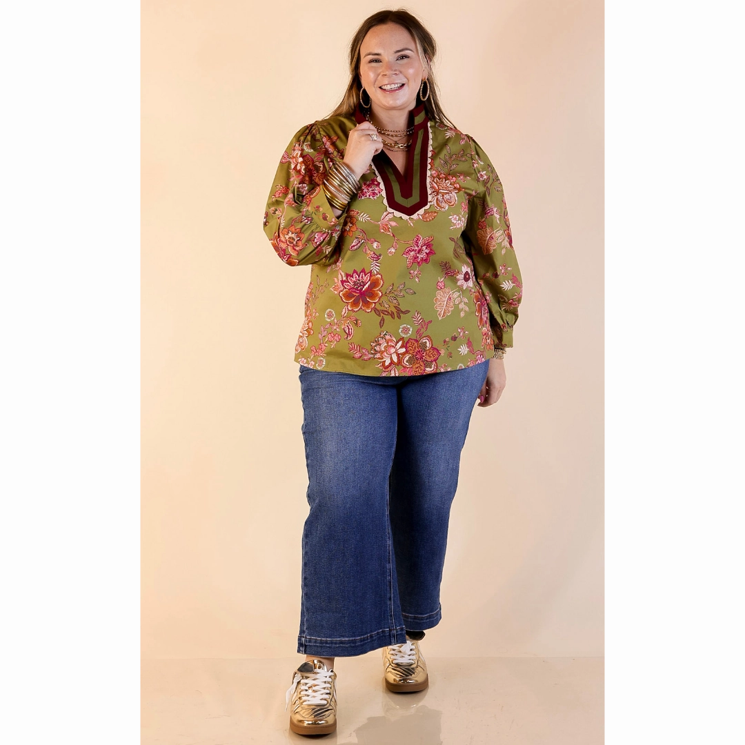 Autumn Allure Floral Long Sleeve Top with Contrast Trim in Olive Green Eco friendly materials Adjustable Hem