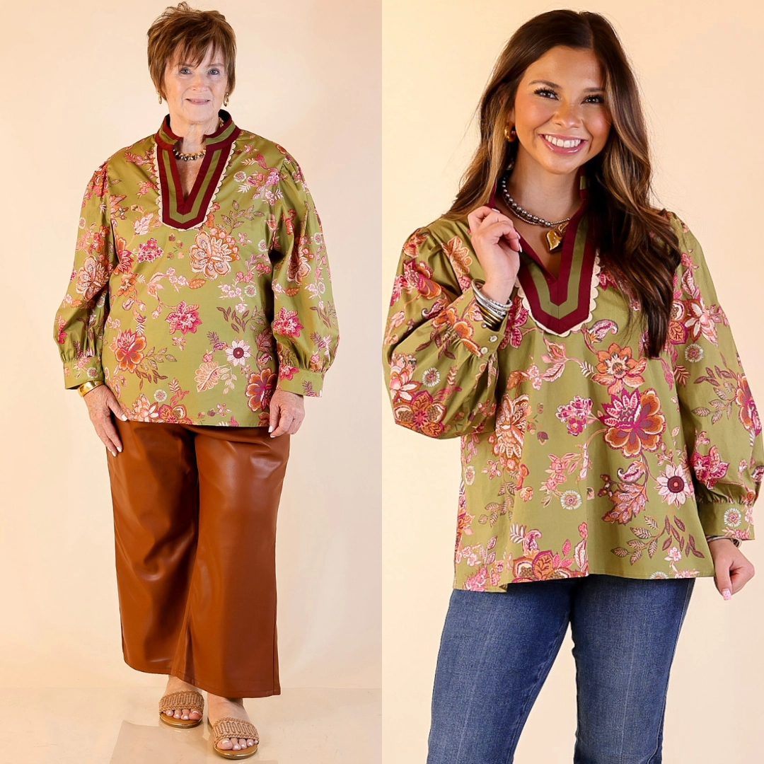 Autumn Allure Floral Long Sleeve Top with Contrast Trim in Olive Green High-End Fabric