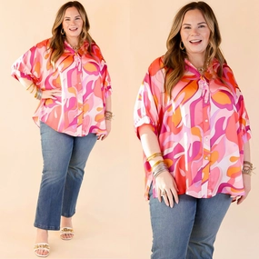Sophisticated Sweetie Button Up Mosaic Print Poncho Top in Pink Mix Floral Motif Waffle Weave