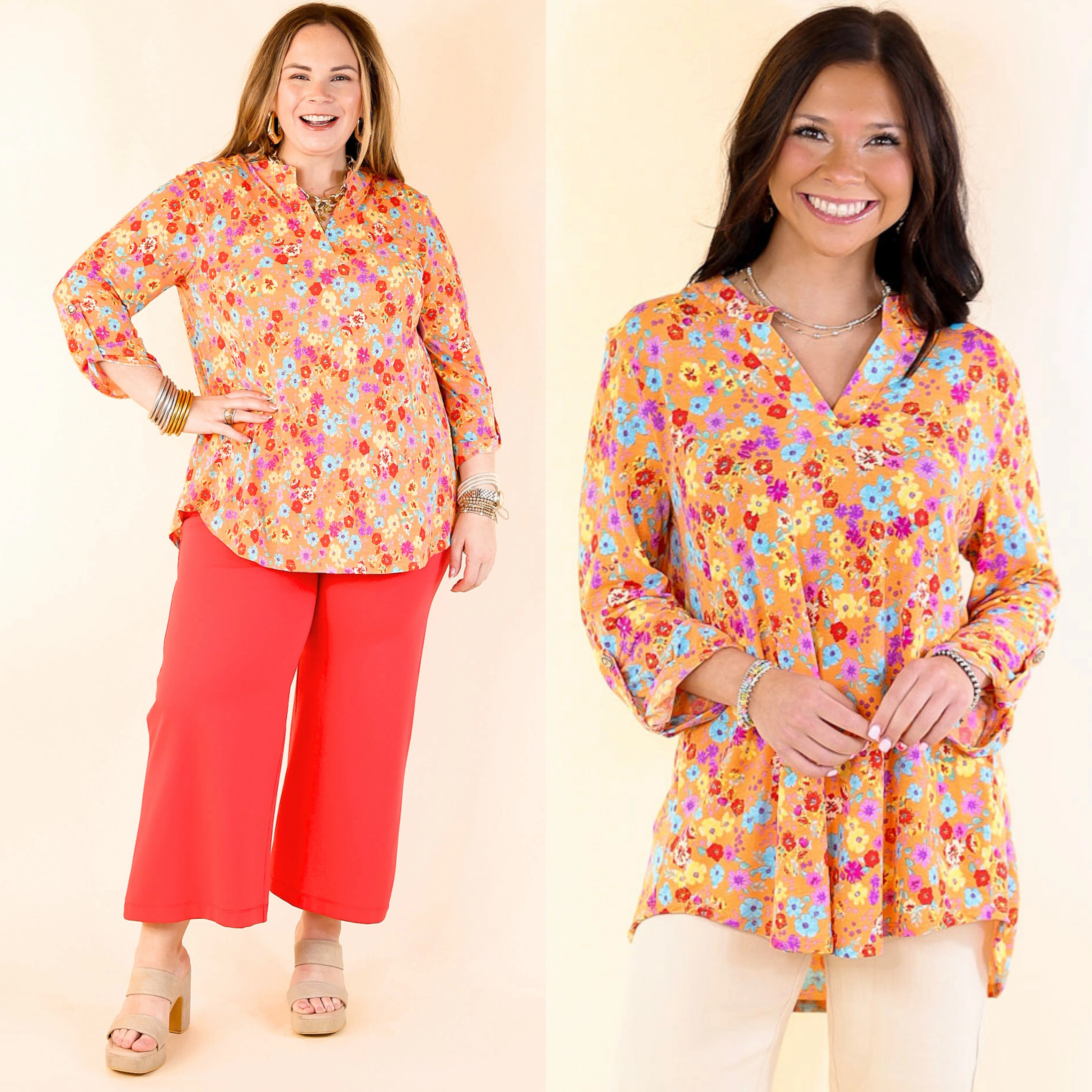 Urban Elegance Floral Print 3/4 Sleeve Tunic Top in Orange Student Essential Trendsetting Design