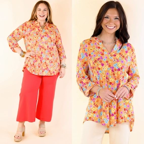 Urban Elegance Floral Print 3/4 Sleeve Tunic Top in Orange Student Essential Trendsetting Design