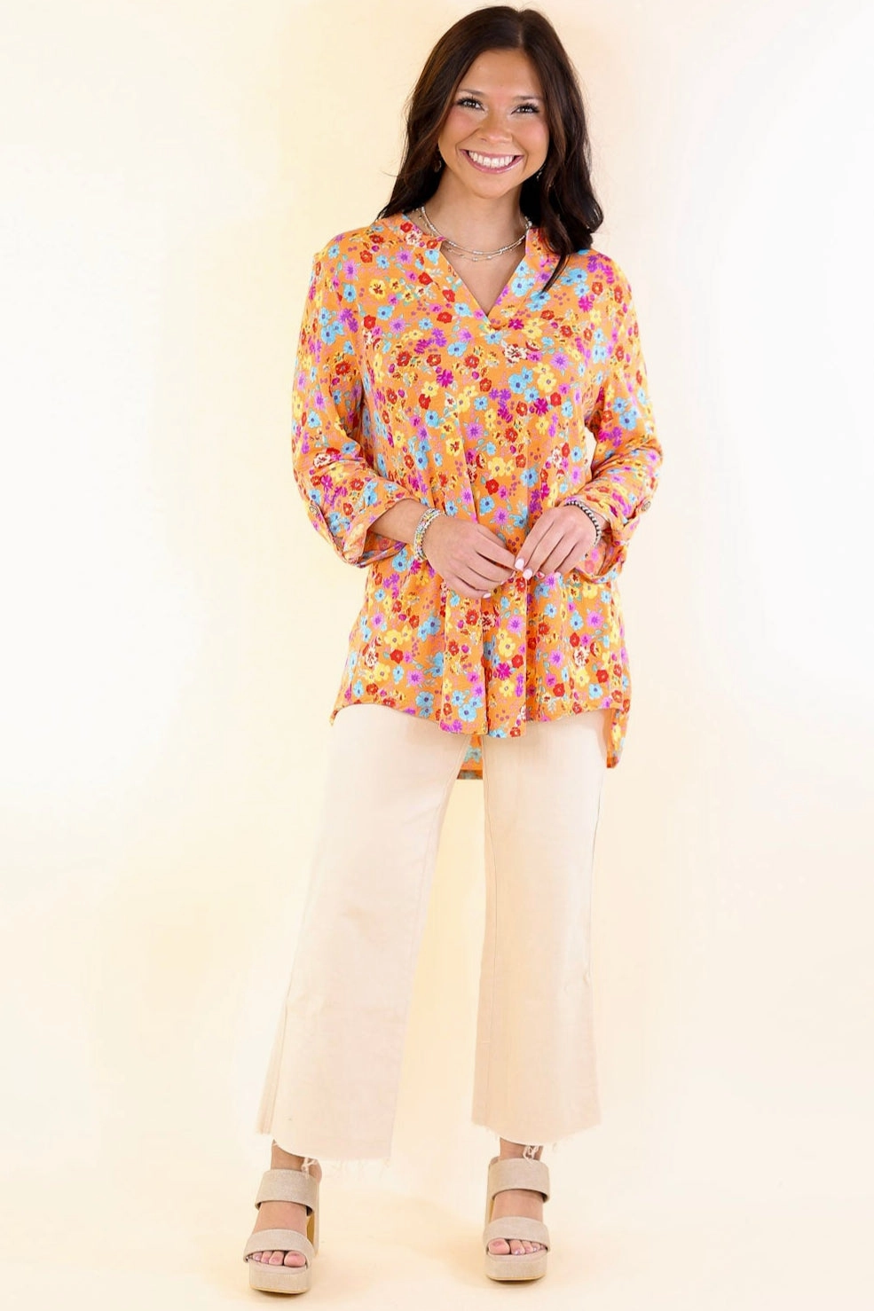 Distressed finish Urban Elegance Floral Print 3/4 Sleeve Tunic Top in Orange