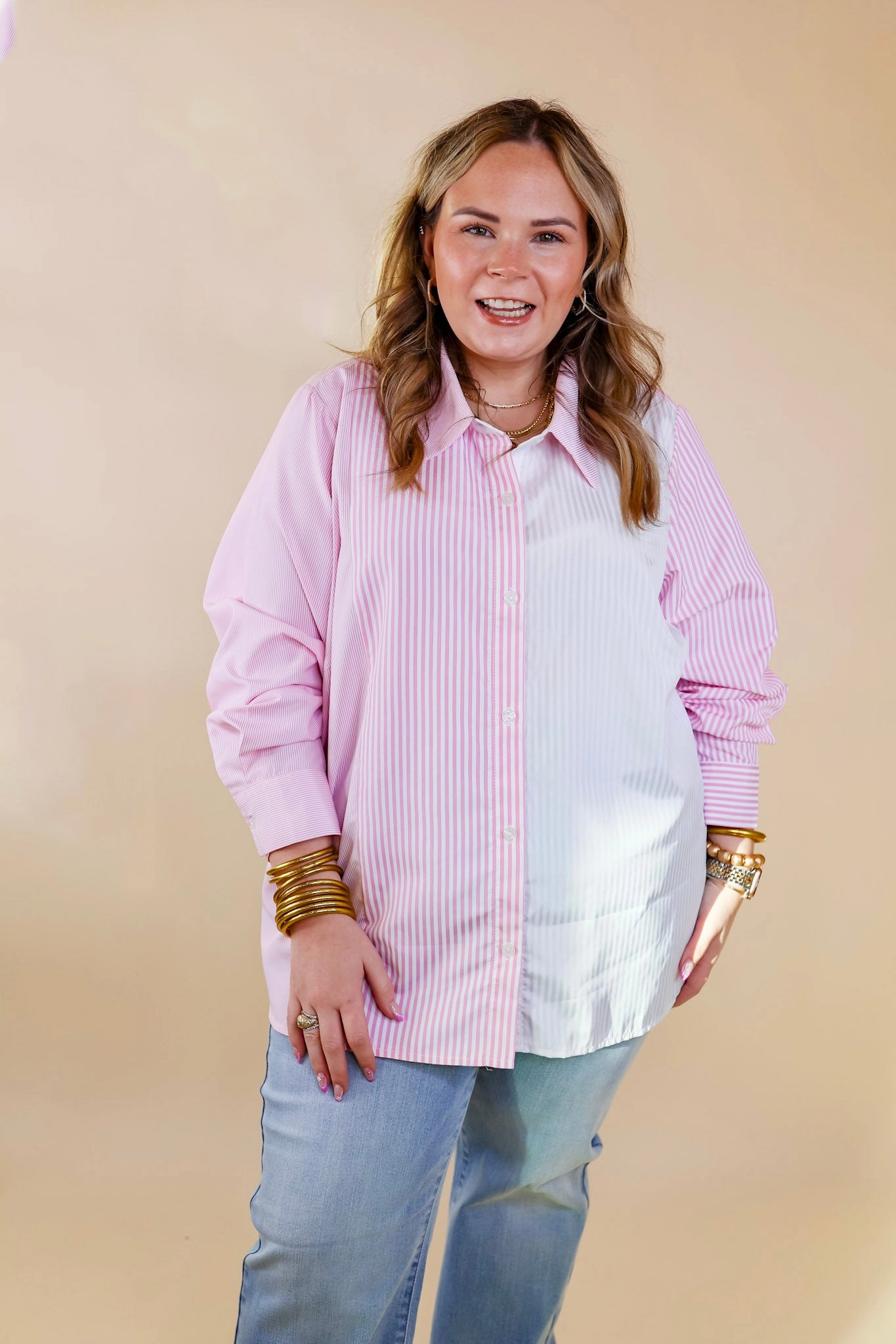 Back To You Pin Stripe Color Block Button Up Top in Pink and White Fairy Core Basic Wear