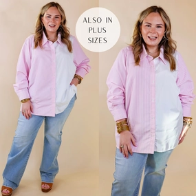 Light Wool TactileStitching Back To You Pin Stripe Color Block Button Up Top in Pink and White