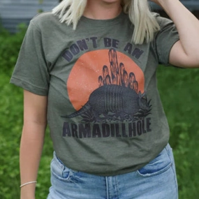 Holiday Style Trend Urban Trend Look Online Exclusive | Don't Be An Armadillhole Graphic on Short Sleeve Tee in Military Green