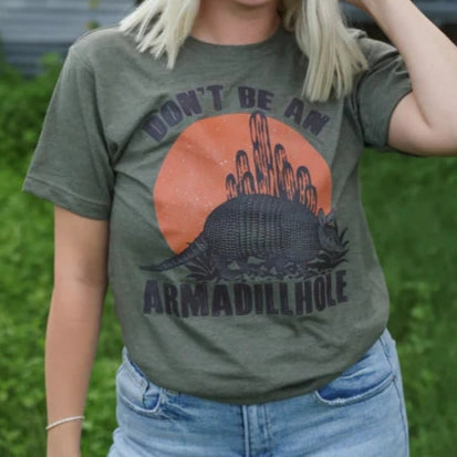 Athletic and Cool Minimalistic Wear Online Exclusive | Don't Be An Armadillhole Graphic on Short Sleeve Tee in Military Green
