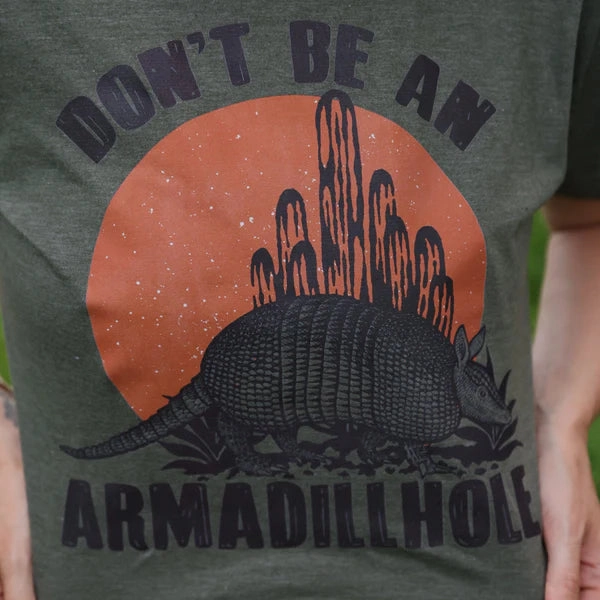 Online Exclusive | Don't Be An Armadillhole Graphic on Short Sleeve Tee in Military Green Taped Neckline Easy-Going Style