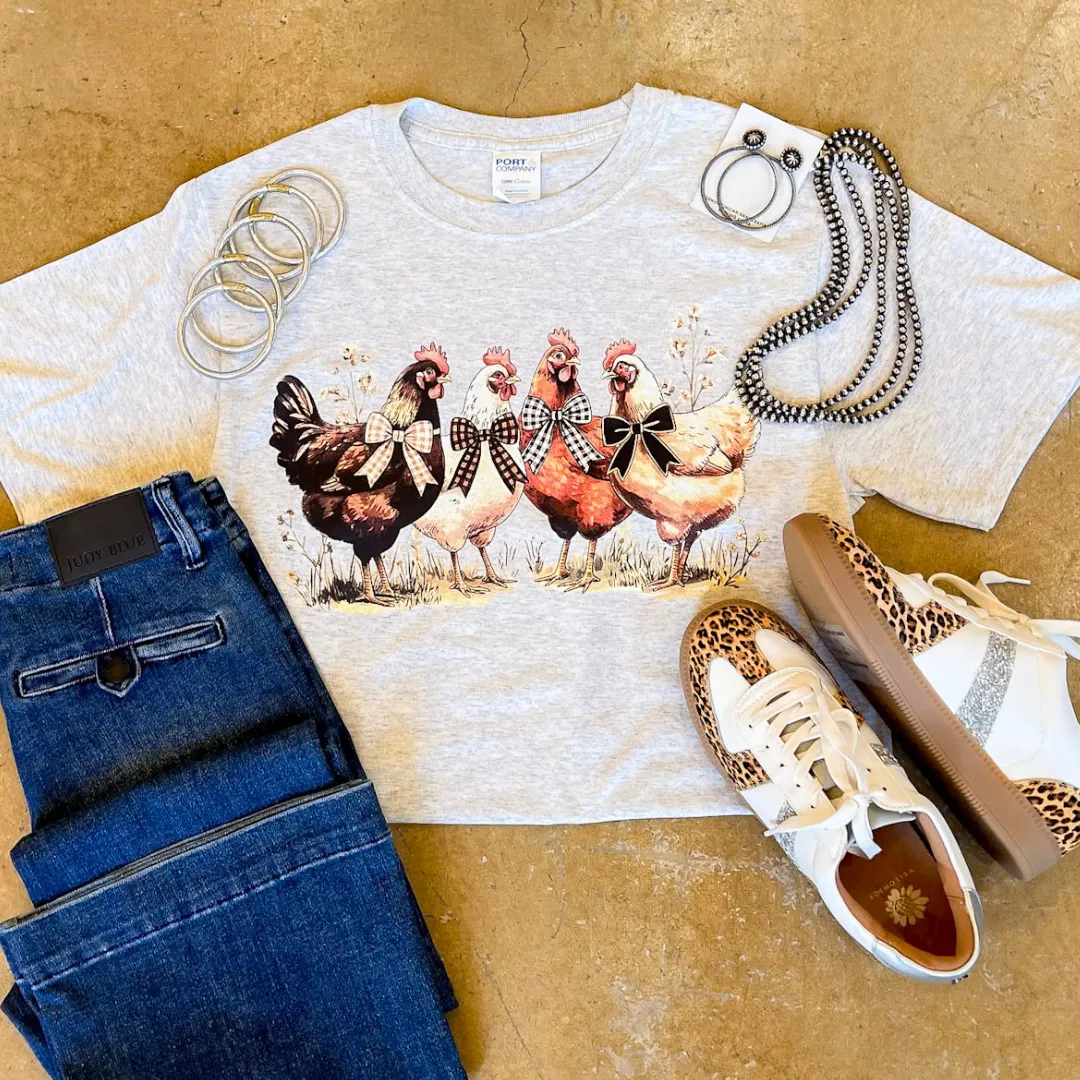Eco Friendly Dye Process Barnyard Besties Chickens with Bows Short Sleeve Graphic Tee in Heathered Beige