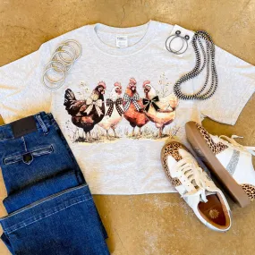 Eco Friendly Dye Process Barnyard Besties Chickens with Bows Short Sleeve Graphic Tee in Heathered Beige