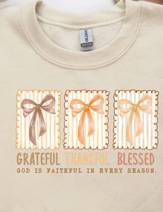 Vintage authenticity oversized but not shapeless Online Exclusive | Grateful Thankful Bows Long Sleeve Graphic Sweatshirt in Tan