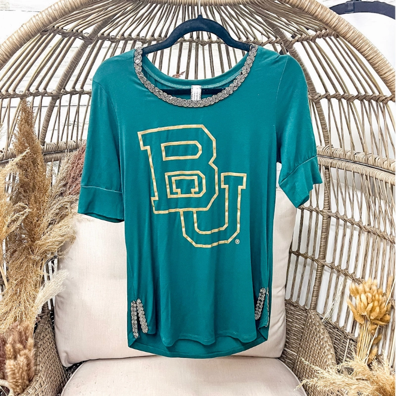 Baylor University Tee with Beaded Neckline ShrinkageFree Fabric Ocean Glow