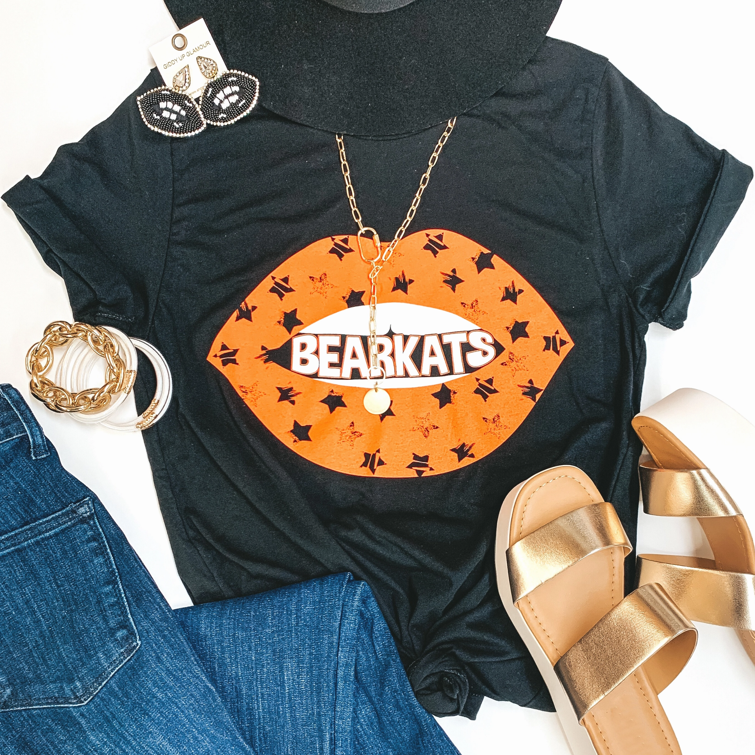 Bearkat Game Day | Bearkats Star Print Lips Short Sleeve Graphic tee in Black Adjustable Waistbands Simple Top