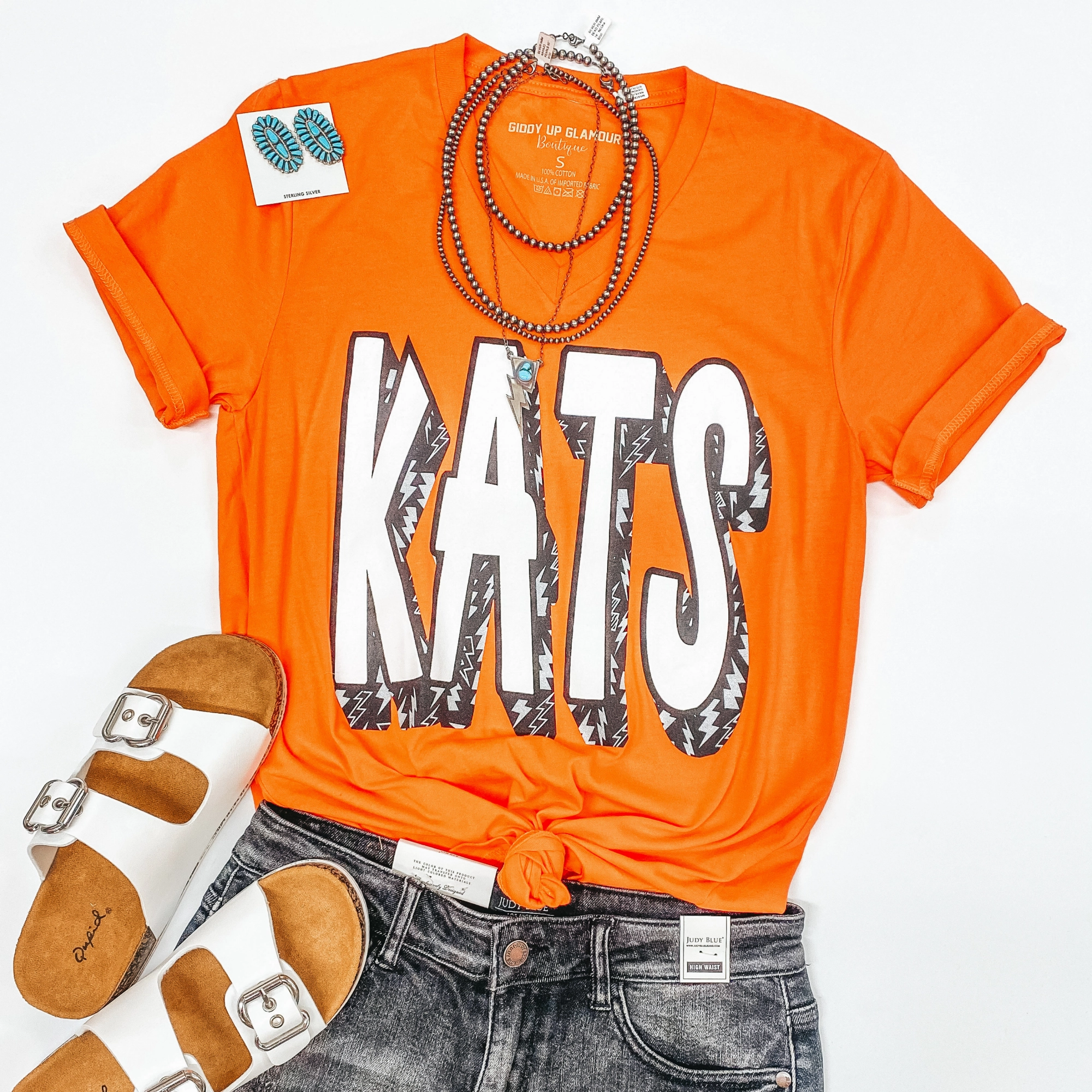 Carnival Look Trendy Outerwear Bearkat Game Day | Kats Lightning Bolt V Neck Short Sleeve Graphic Tee in Orange