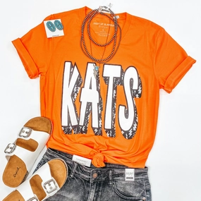Carnival Look Trendy Outerwear Bearkat Game Day | Kats Lightning Bolt V Neck Short Sleeve Graphic Tee in Orange