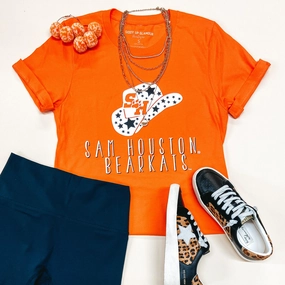 fashionable blazer Sky Mood Bearkat Game Day | Sam Houston Bearkats Cowgirl Hat Short Sleeve Graphic Tee in Orange