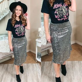 Beating Expectations Solid Sequin Midi Skirt in Silver OdorResistant Fabric Beach Ease