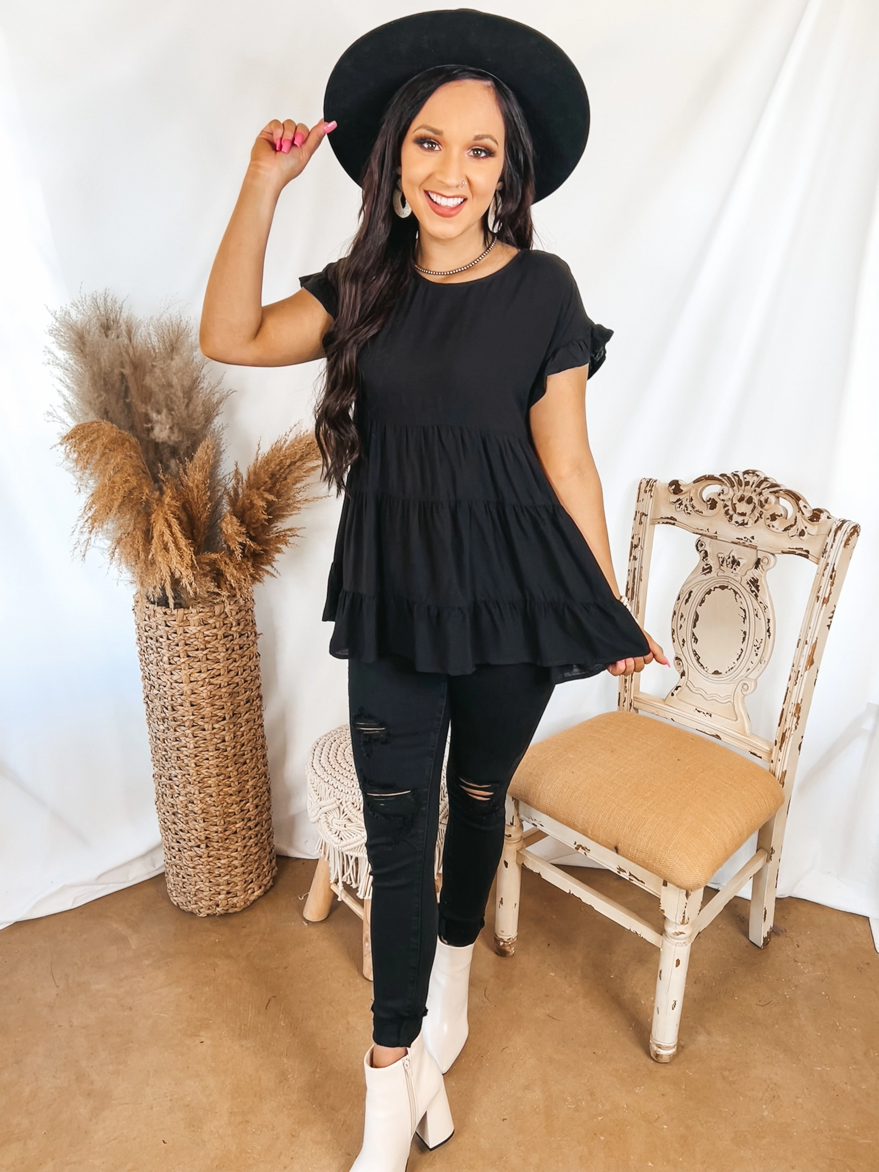 Durable materials Low Care Belong To You Tiered Top with Ruffle Cap Sleeves in Black