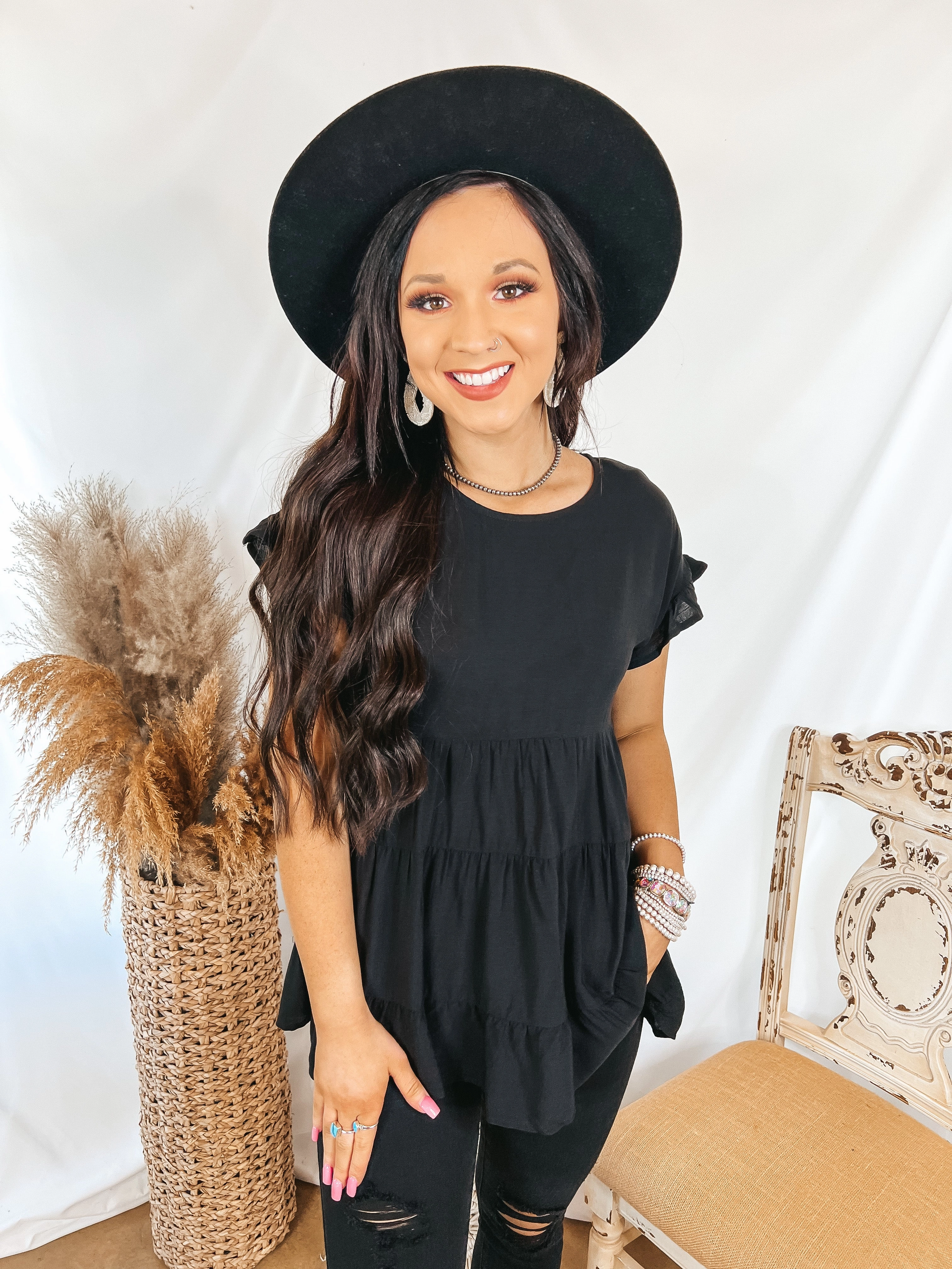 Belong To You Tiered Top with Ruffle Cap Sleeves in Black Layered Paneling Pure Tone