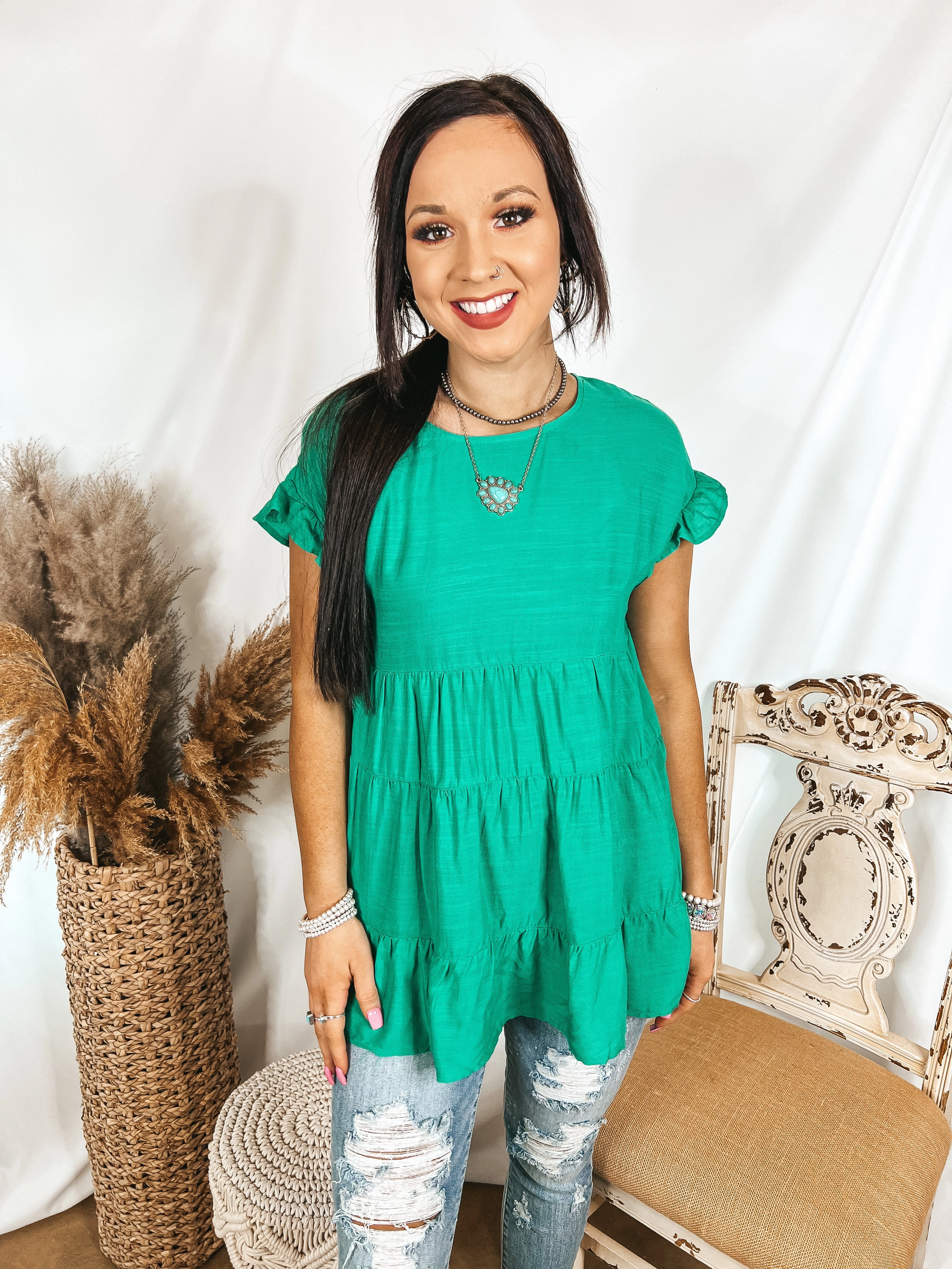 AdjustableWaist Belong To You Tiered Top with Ruffle Cap Sleeves in Emerald Green