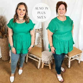 Belong To You Tiered Top with Ruffle Cap Sleeves in Emerald Green Lake Glow Trendy Fashion