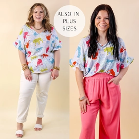 QuickDryTechnology Best Version Cheetah Print V Neck Top with Ruffle Short Sleeves in Blue Mix