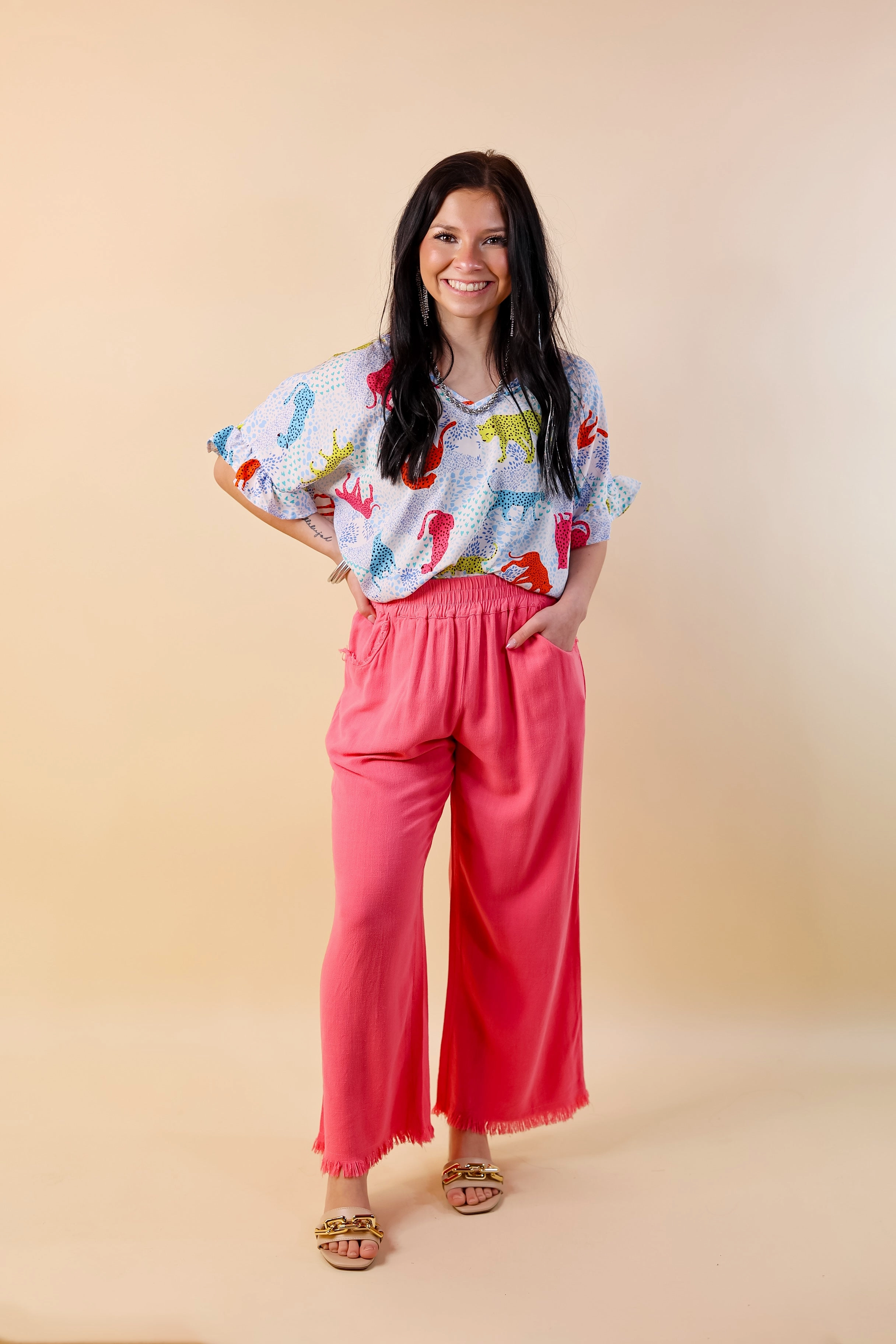 Laid-Back Outfit Street Light Best Version Cheetah Print V Neck Top with Ruffle Short Sleeves in Blue Mix