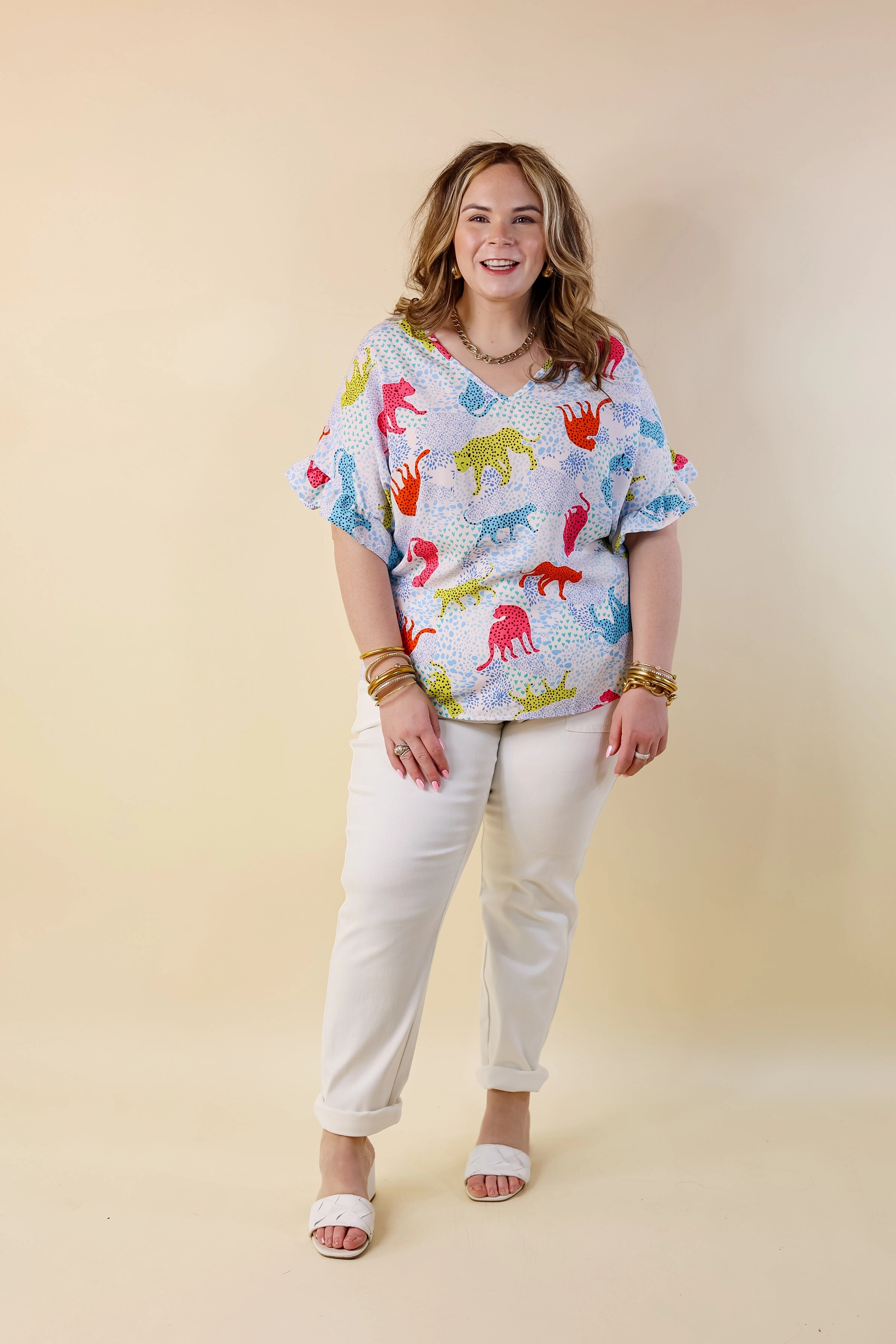 Best Version Cheetah Print V Neck Top with Ruffle Short Sleeves in Blue Mix Resort Mood Weather Ready