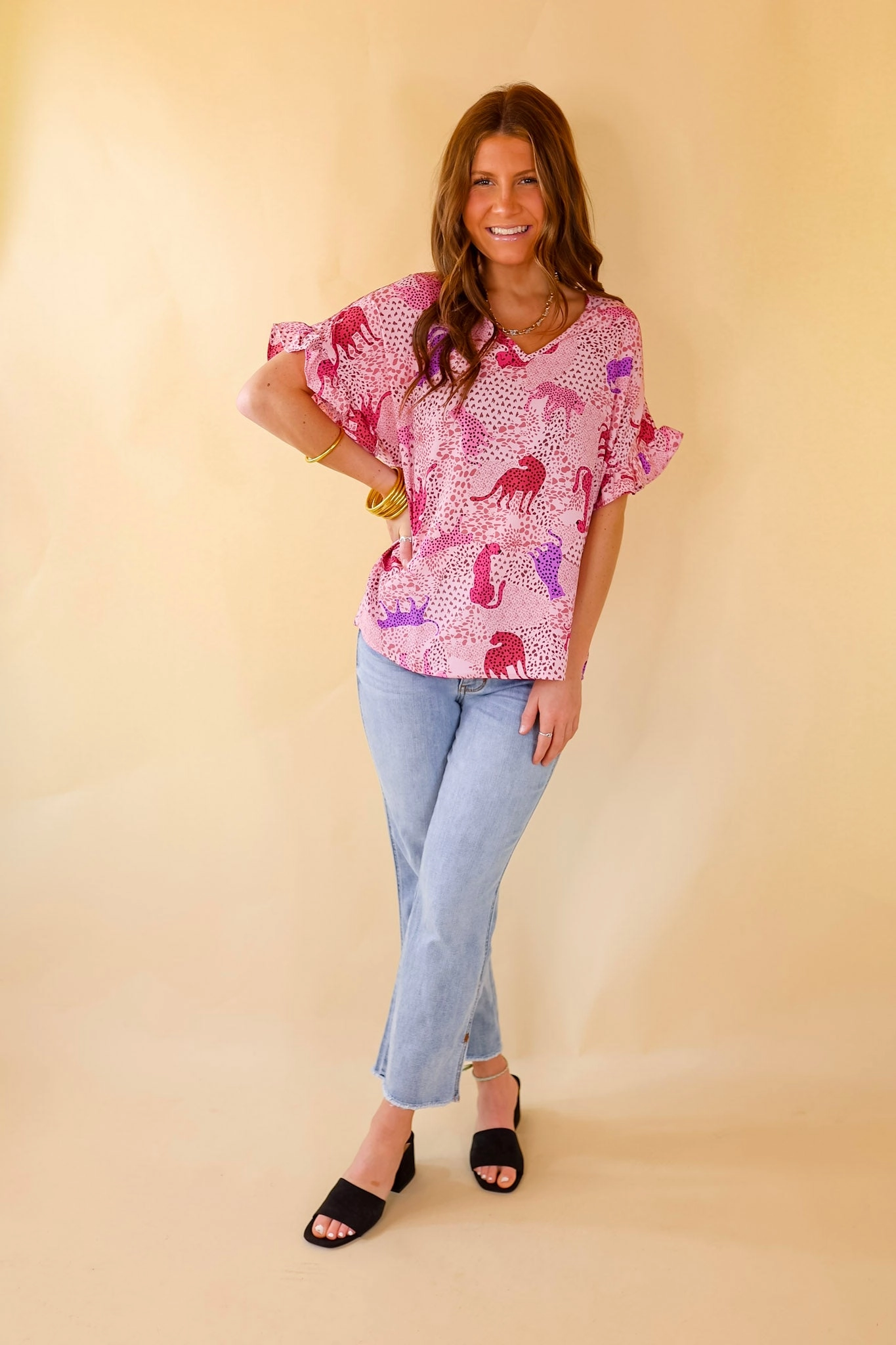 Faith Core Best Version Cheetah Print V Neck Top with Ruffle Short Sleeves in Pink Mix