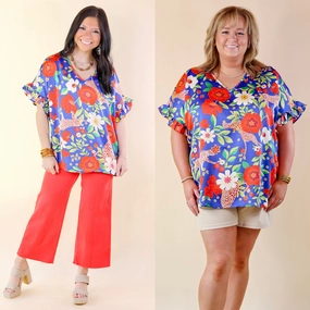 Boss Vibe hypoallergenic material Best Version Floral and Cheetah Print V Neck Top with Ruffle Short Sleeves in Blue