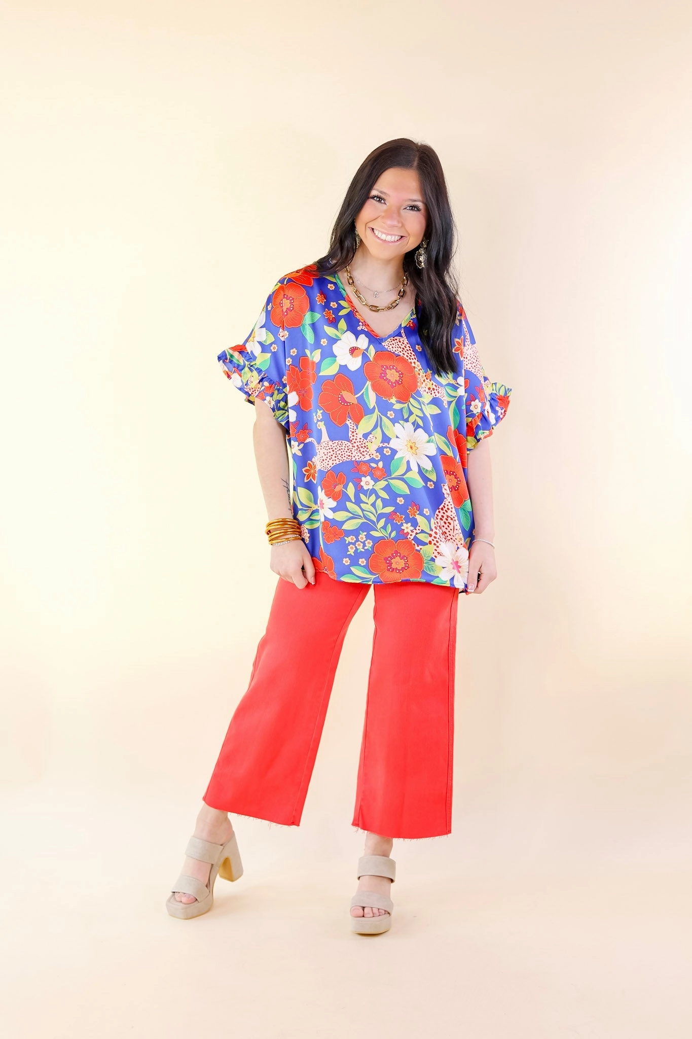 Easy Go Best Version Floral and Cheetah Print V Neck Top with Ruffle Short Sleeves in Blue