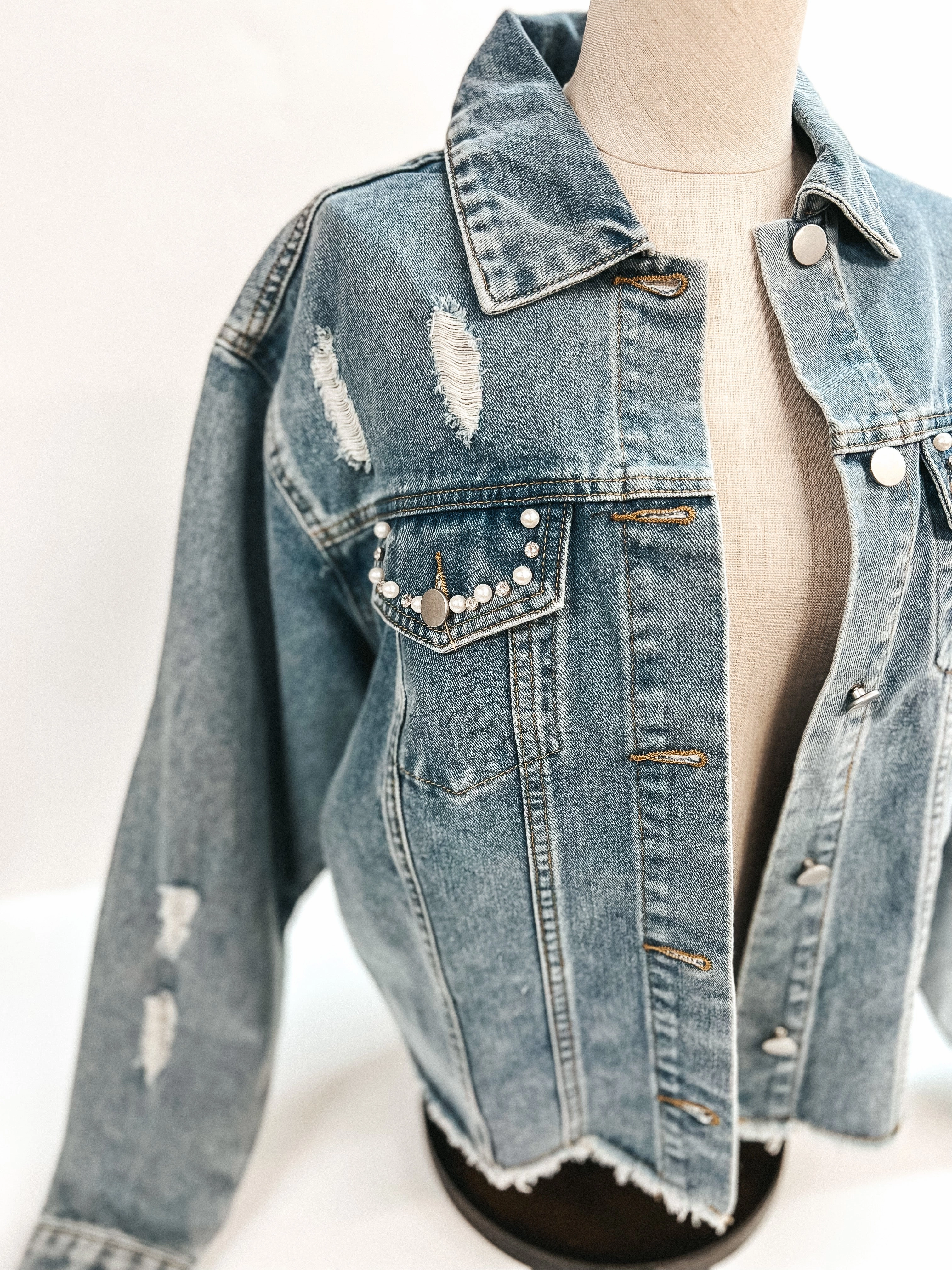 AntiSnagTechnology Better Than You Imagined Pearl and Crystal Beaded Denim Jacket in Medium Wash