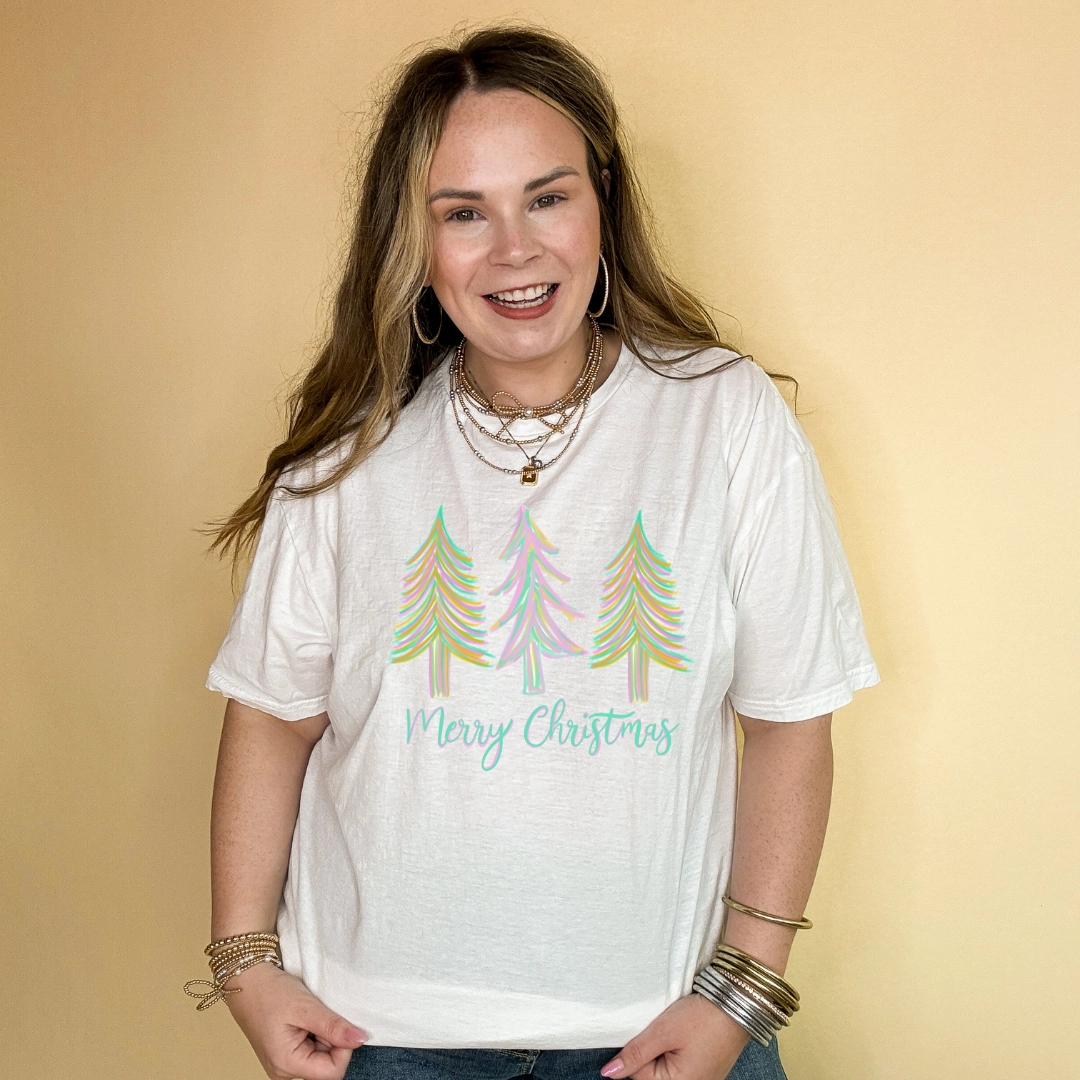 color blocking Reinforced Hemline Online Exclusive | Merry Christmas Pastel Christmas Tree Graphic Tee in Multiple Color Options