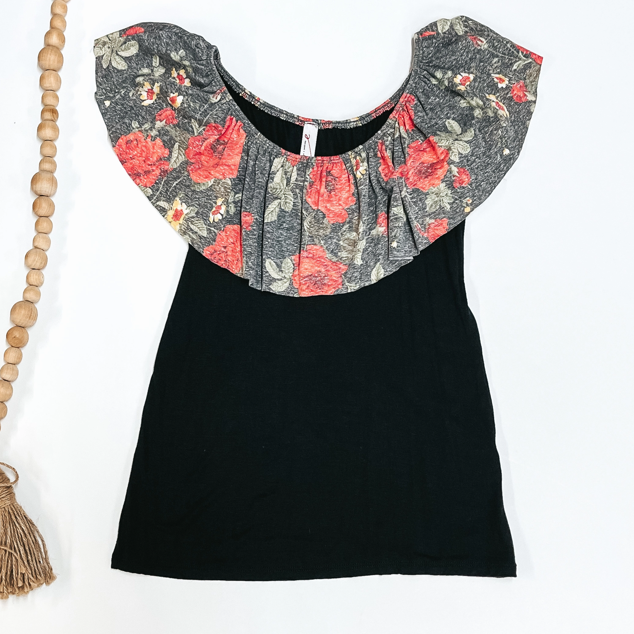 Basic Wardrobe Black Top with Floral Off-Shoulder