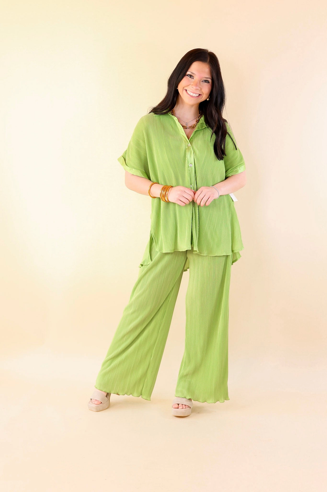 DoubleLayered Collar Formal Look Walking In Paradise Pliss?? Drawstring Pants in Lime Green