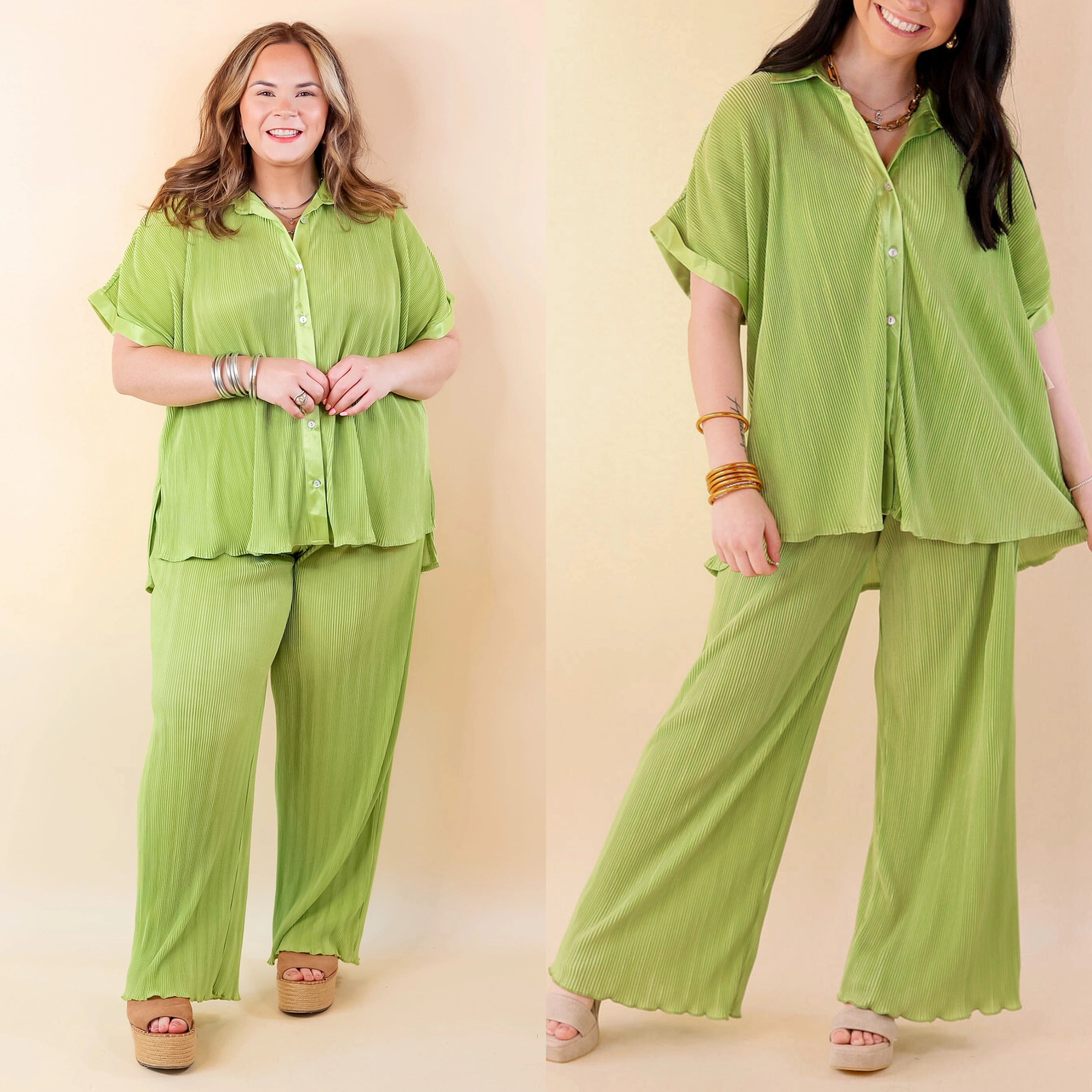 Walking In Paradise Pliss?? Drawstring Pants in Lime Green No Fuss Fit Layer-Friendly