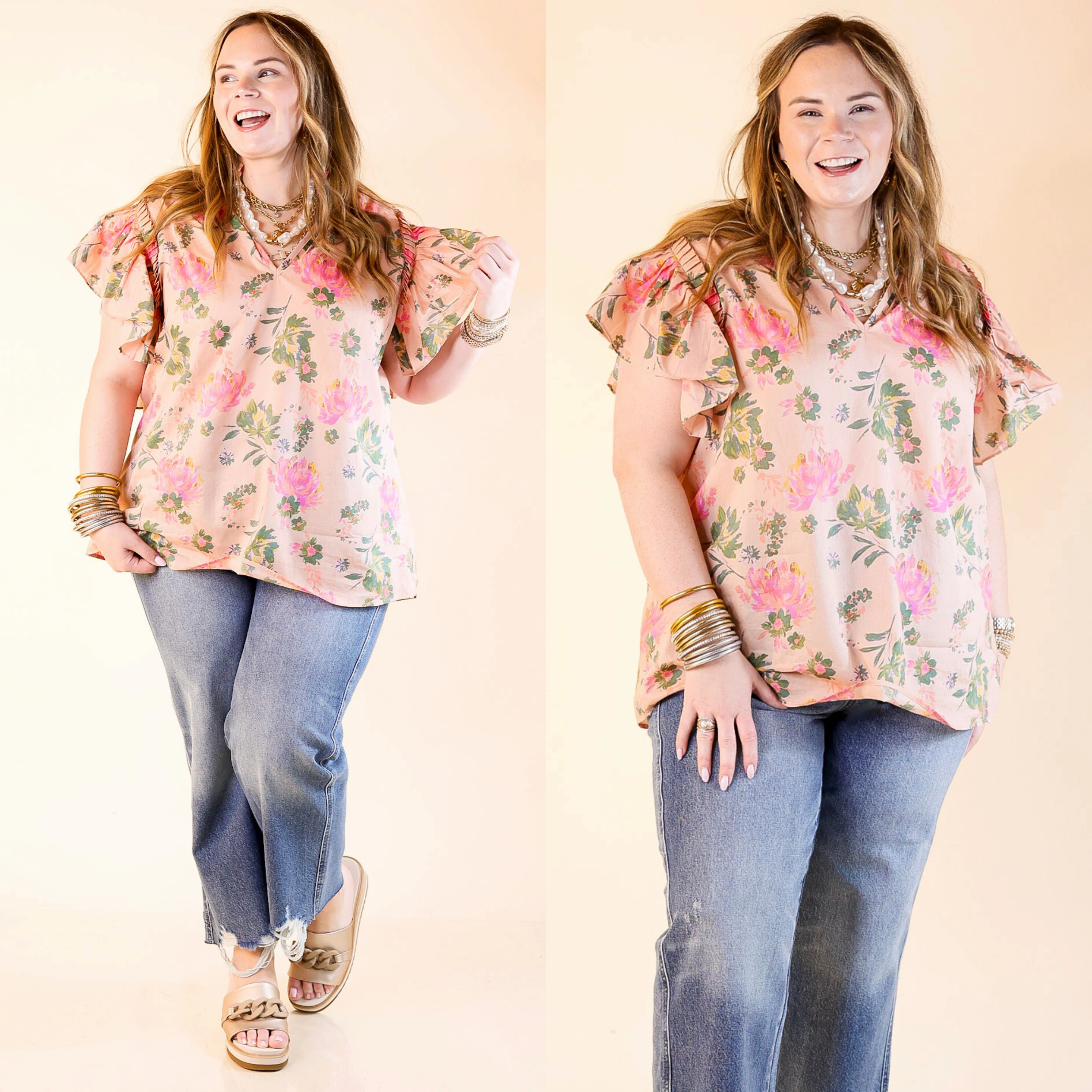 Blooming Chic Floral Print Top with Ruffle Cap Sleeves in Peach No Slip Shoulder Grip