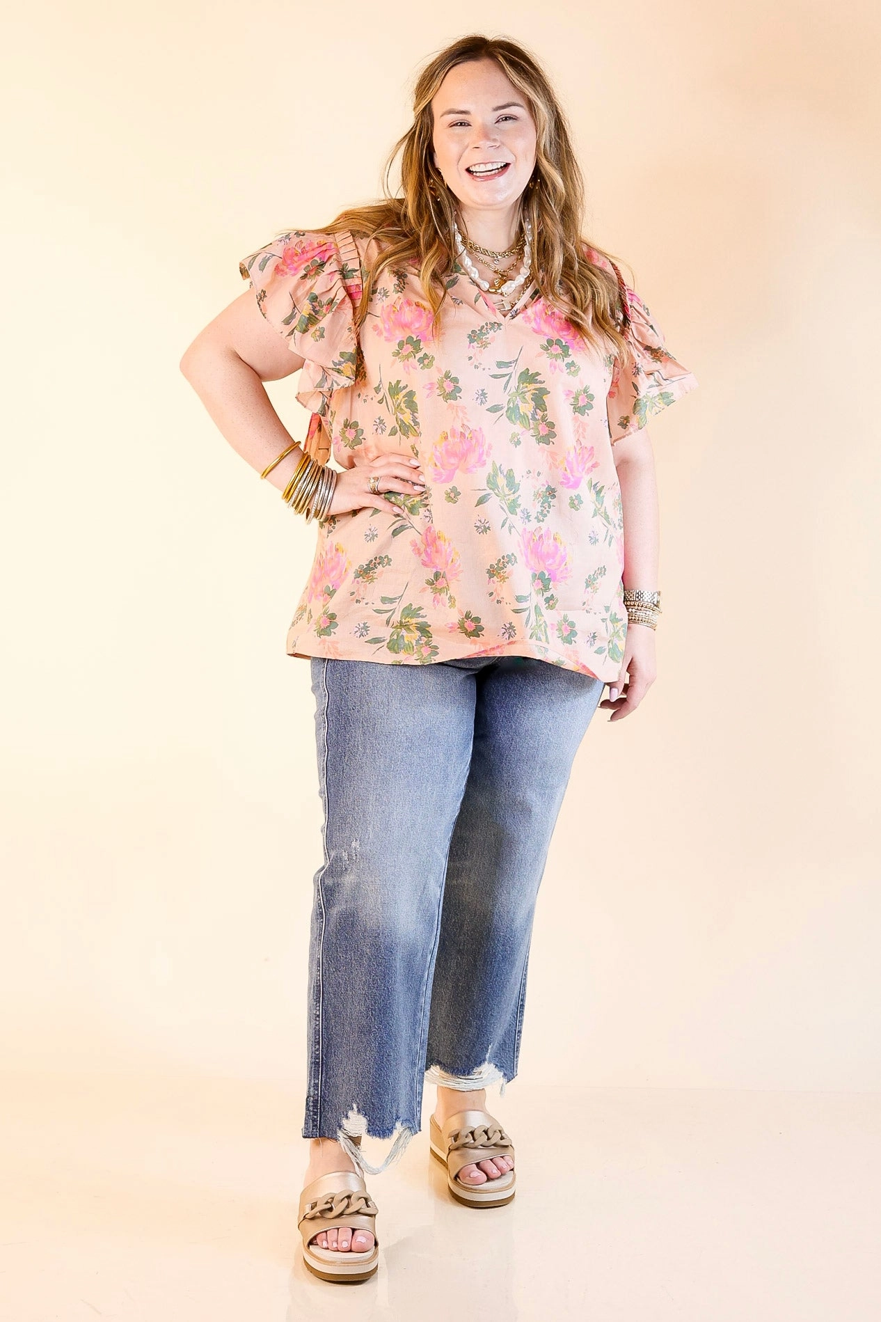 Fall Fashion Blooming Chic Floral Print Top with Ruffle Cap Sleeves in Peach