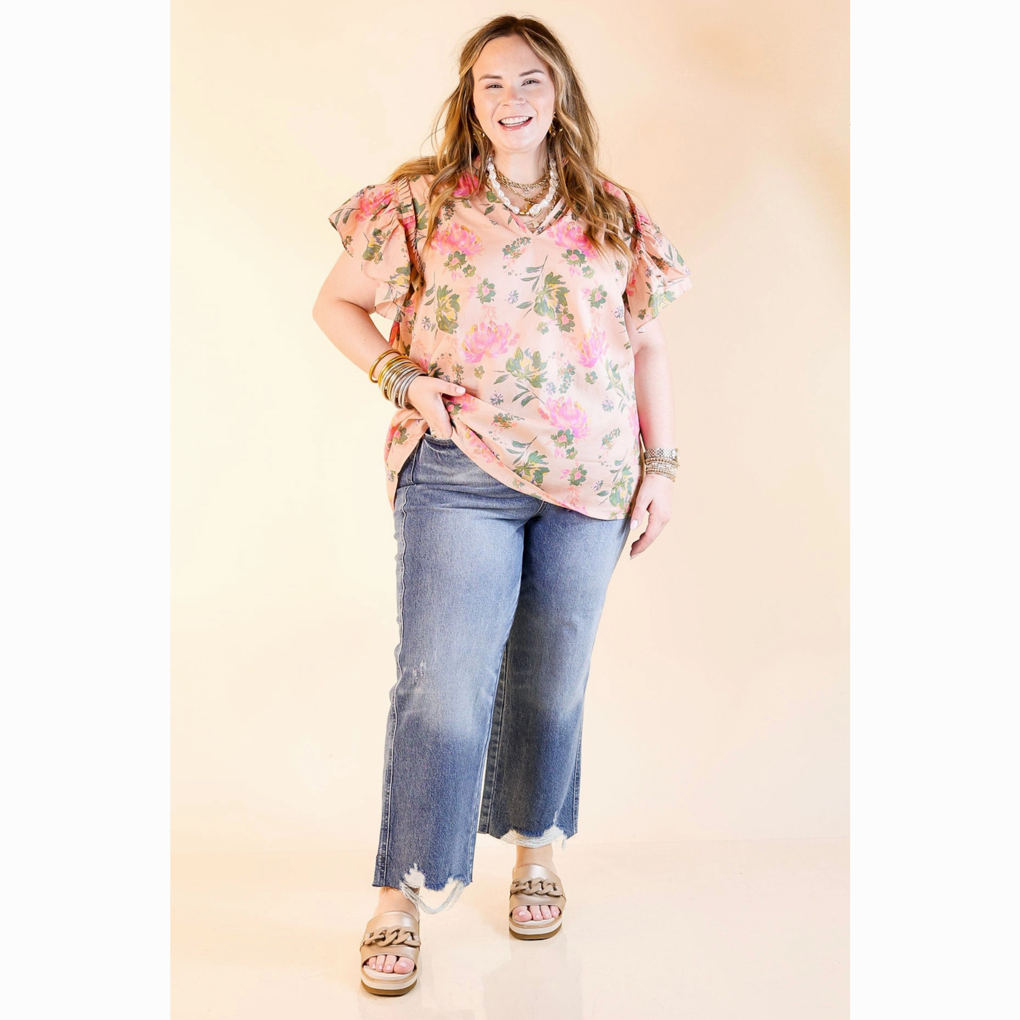 Brunch Outfit Layering Essential Blooming Chic Floral Print Top with Ruffle Cap Sleeves in Peach