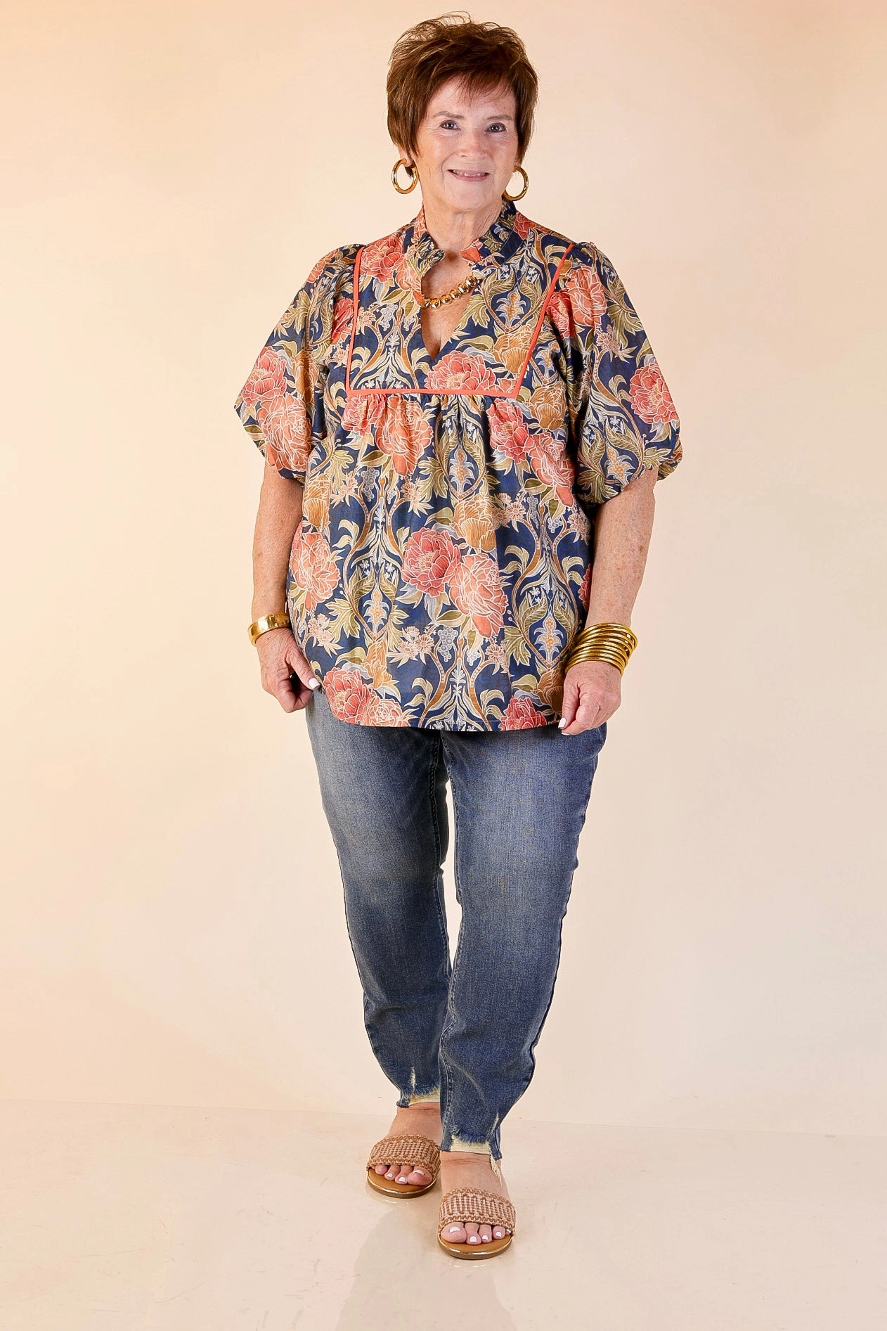 Smooth Finish Minimalist Design Blooming Days Ahead Floral Print V Neck Blouse with Puff Sleeves and Ruffle Trim Collar in Navy Mix